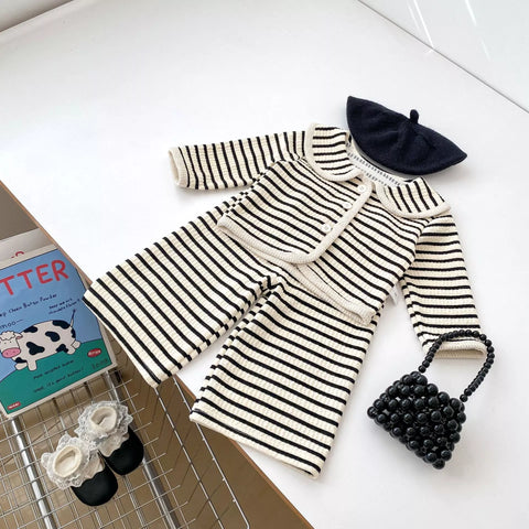 2 Pc Girls French Stripe Cardigan Wide Pants Set
