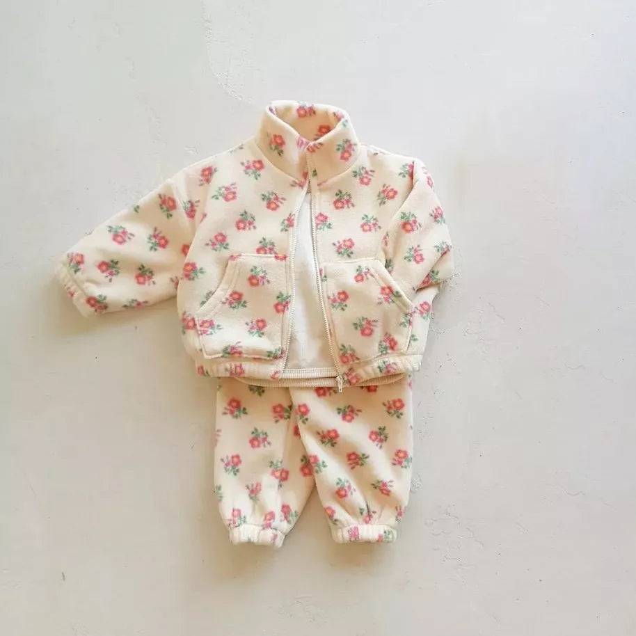 2 Pc Girls Floral Print Fleece Zip Up Set