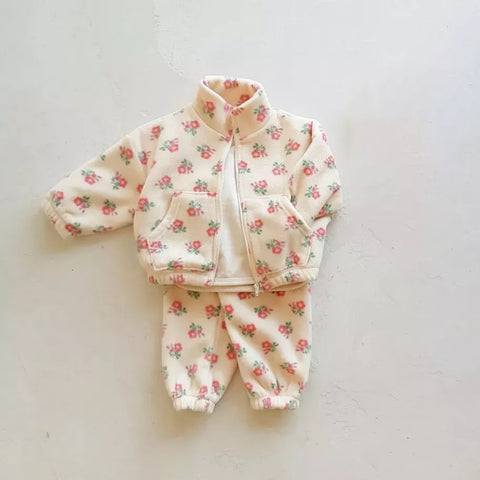 2 Pc Girls Floral Print Fleece Zip Up Set