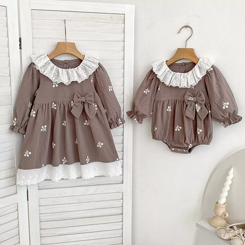 Girls Autumn Flower Ruffle Collar Bodysuit/ Dress