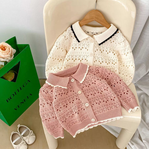 Baby Girl Hollow Knit Scallop Trim Cardigan
