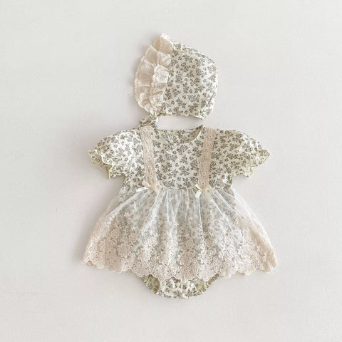 Baby Girl Vintage Floral Mesh Skirt Bodysuit w/ Bonnet