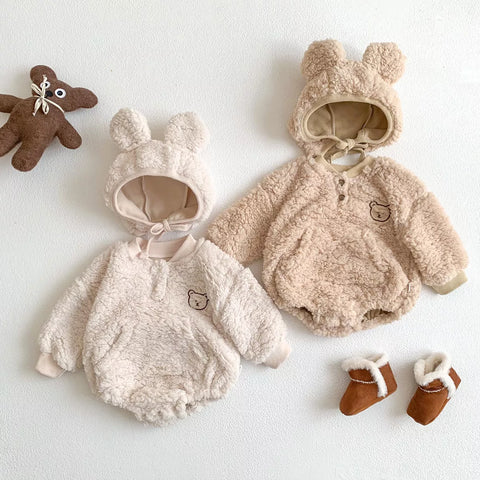 Baby Sherpa Fleece Bear Bodysuit with Hat