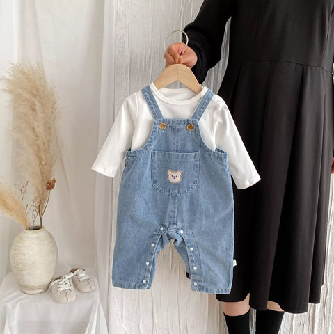2 Pc Baby Denim Bear Overall w/ Long Sleeve Shirt