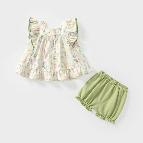 2 Pc Girls Wild Flower Square Neck Top & Shorts Set