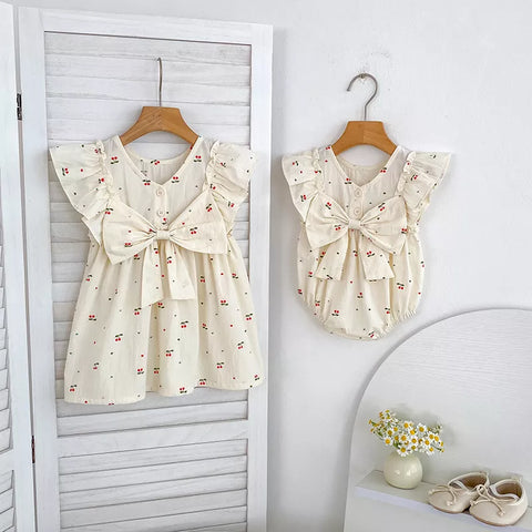 Girls Mini Cherry Bow Back Dress/Bodysuit
