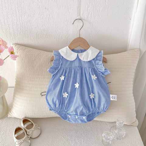 Baby Girl Daisy Cotton Stripe Peter Pan Collar Bodysuit