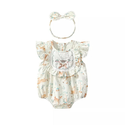 2 Pc Baby Deer Print Bibbed Bodysuit