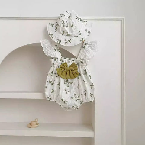 2 Pc Baby Girl Leaf Print Bodysuit with Hat