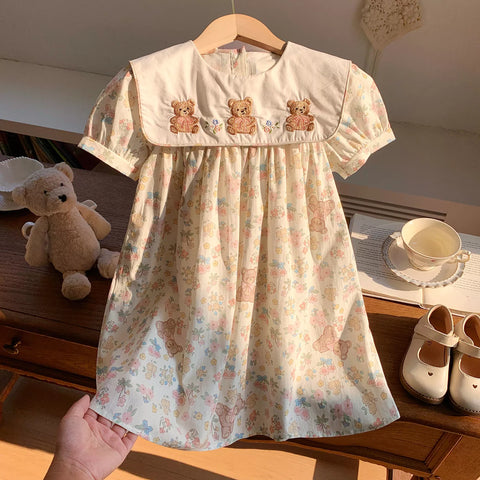 Girls Vintage Style Bear Print Square Collar Dress