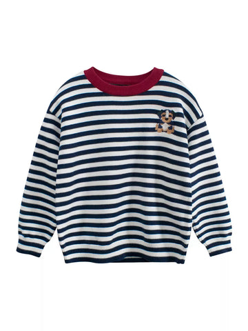 Boys Stripe Sweater with Dog Embroidery