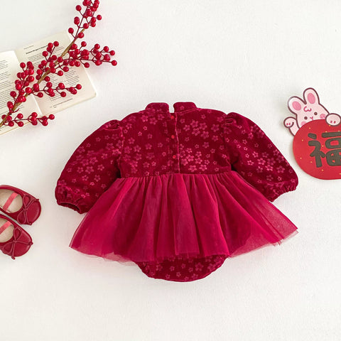 Baby Girl Fleece Lined Cheongsam Floral Tulle Bodysuit