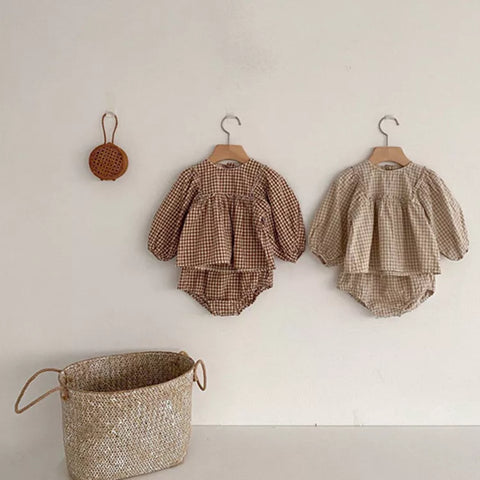 2 Pc Baby Girl Gingham Puff Sleeve Shirt & Shorts
