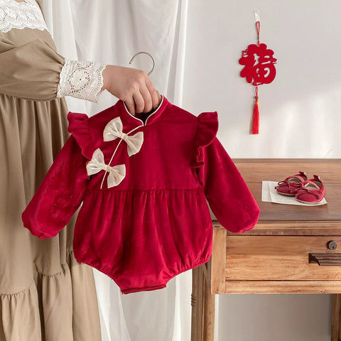 Baby Girl Fleece Lined Bow Qipao Bodysuit