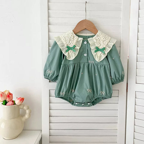 Girls Mini Bow Detail Peter Pan Collar Dress/Bodysuit