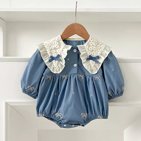 Girls Mini Bow Detail Peter Pan Collar Dress/Bodysuit