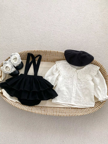 3 Pc Baby Girl Overall Skirt w/ Lace Collar Shirt & Beret