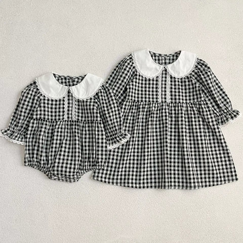 Girls Long Sleeve Gingham Collar Dress/ Bodysuit