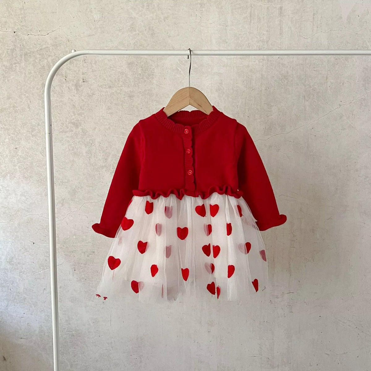Baby Girl Heart Embroidered Tulle Sweater Dress