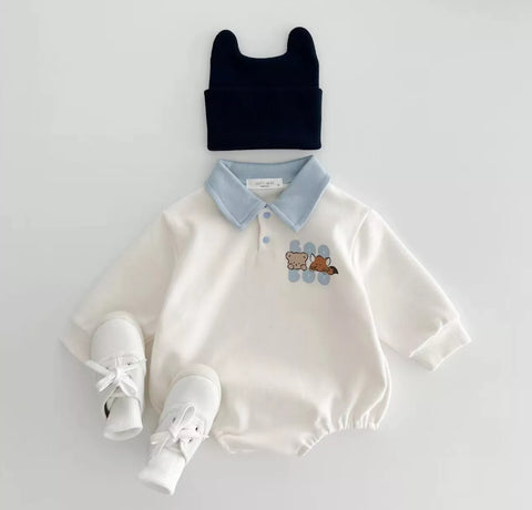 Baby Boy Bear & Fox Print Polo Bodysuit