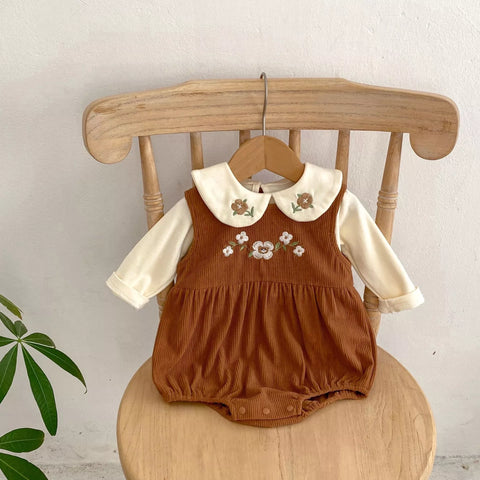 2 Pc Baby Girl Spring Flower Corduroy Overall Bodysuit