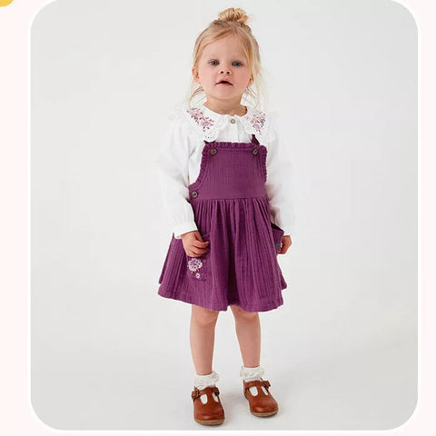 2 Pc Girls Cotton Overall Dress with Collar Shirt