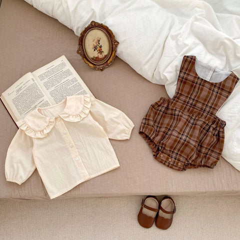 2 Pc Baby Girl Autumn Plaid Bodysuit w/ Ruffle Collar Shirt