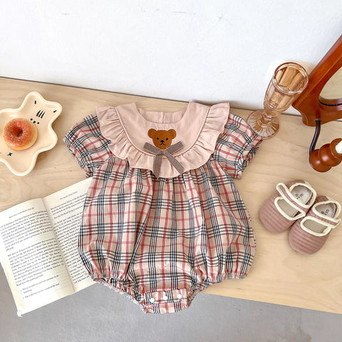 Baby Girl Bear Ruffle Bib Nova Check Bodysuit