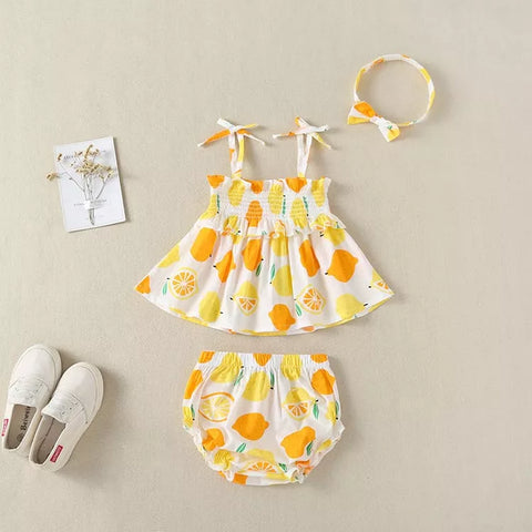 3 Pc Baby Girl Lemon Print Smock Top & Shorts