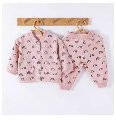 2 Pc Unisex Baby Waffle Print Button Shirt & Pants