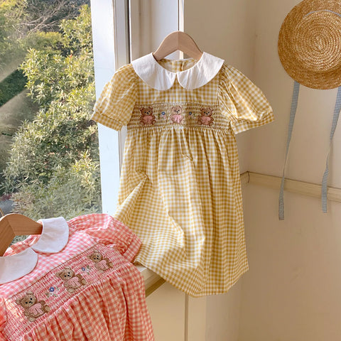 Girls Gingham Smocked Bodice Bear Collar Dress