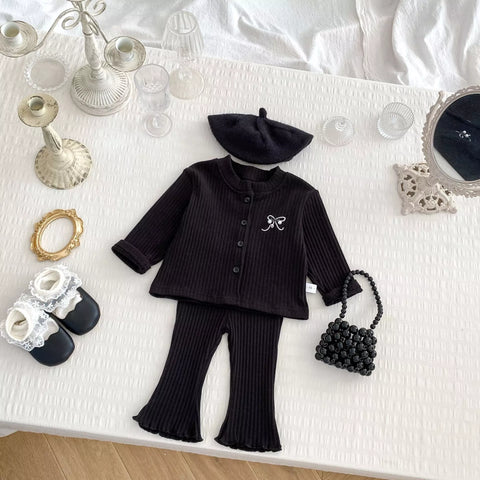 2 Pc Baby Girl Ribbed Knit Cardigan & Flare Pants Set