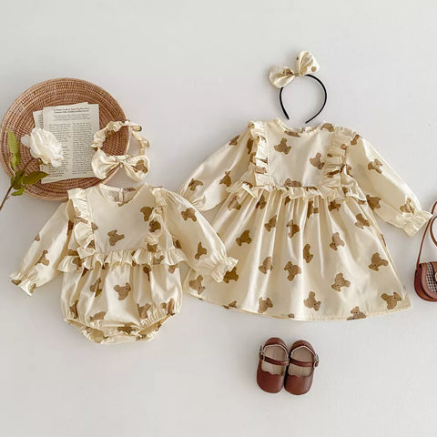 2 Pc Girls Long Sleeve Bear Print Dress/Bodysuit