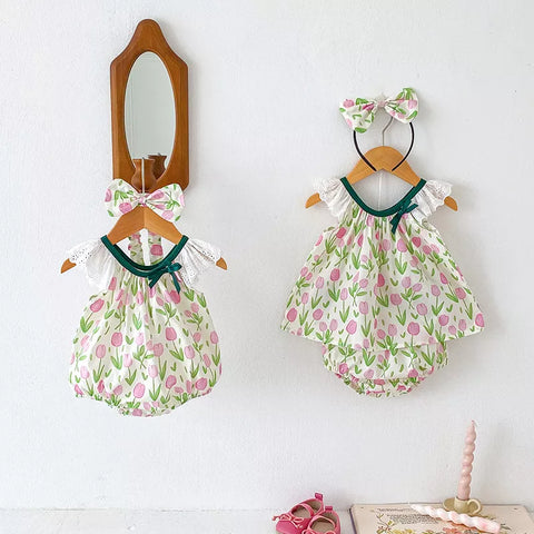 2 Pc Girls Tulip Print Dress/Bodysuit with Headband