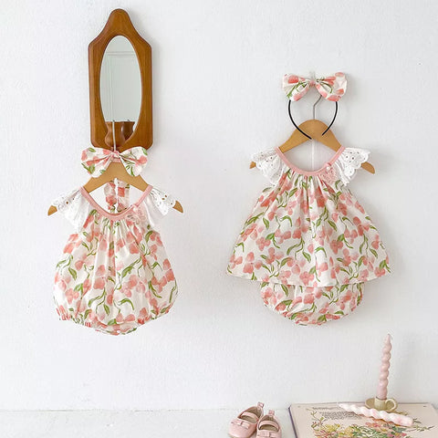 2 Pc Girls Tropical Floral Print Dress/Bodysuit with Headband