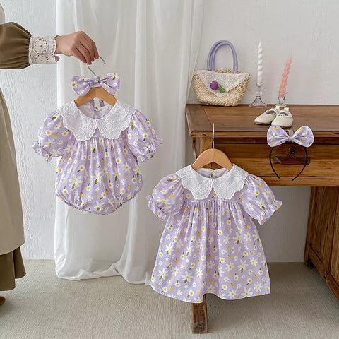 2 Pc Girls Bubble Sleeve Daisy Print Bodysuit/Dress