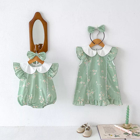 2 Pc Girls Mint Floral Collar Bodysuit/Dress