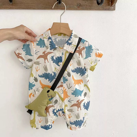 2 Pc Baby Boy Dinosaur Faux Bag Romper