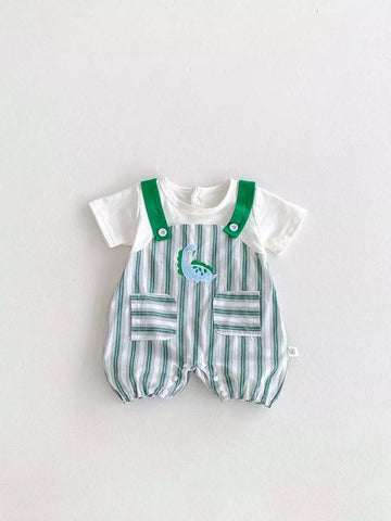 2 pc Baby Boy Stripe Dinosaur Overalls & Tee Set