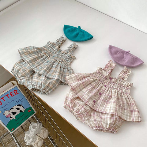 2 Pc Baby Girl Plaid Smock Cami & Shorts Set