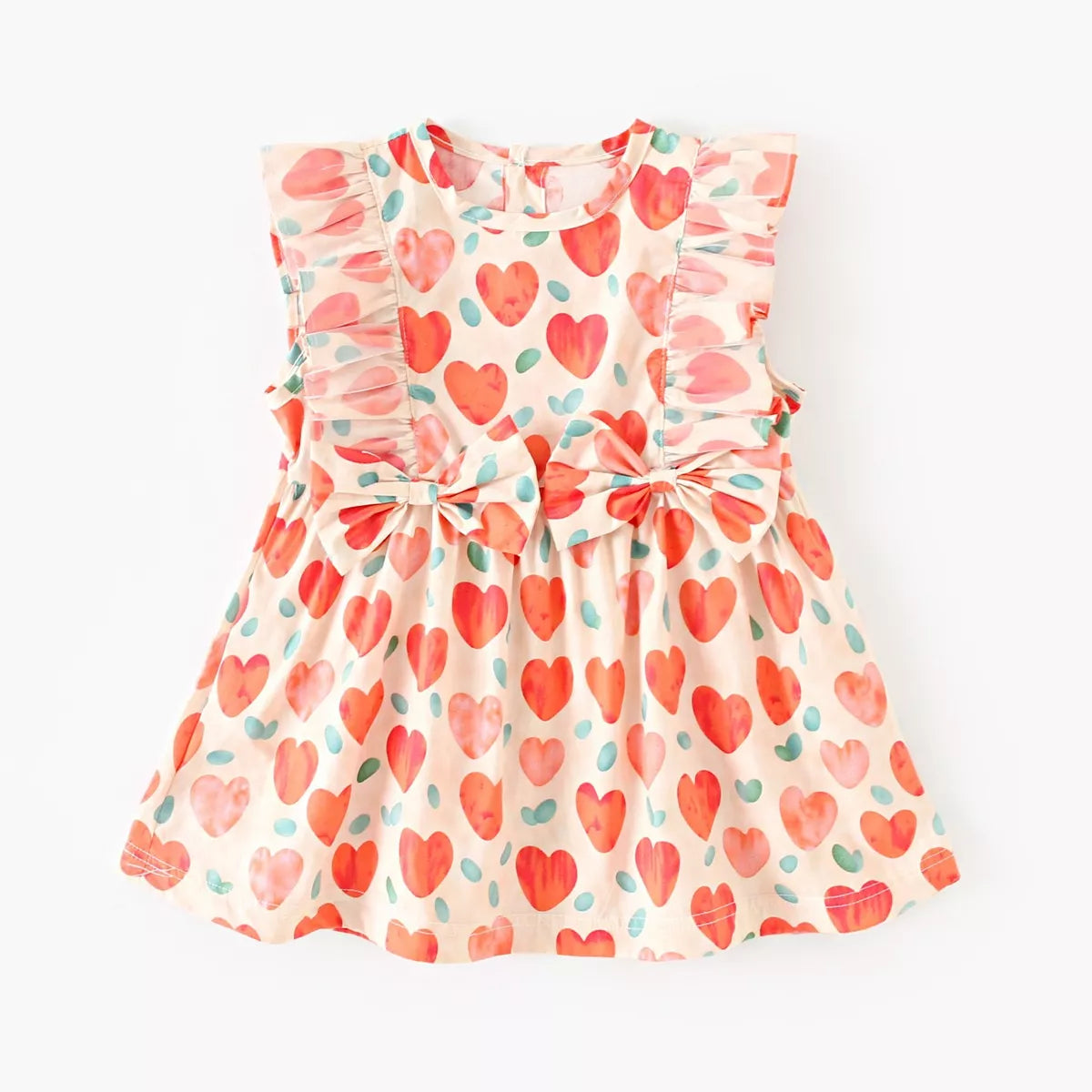 Girls Ruffle Heart Print Cotton Dress