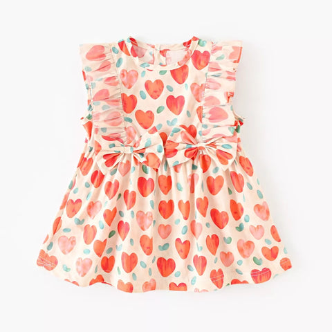 Girls Ruffle Heart Print Cotton Dress