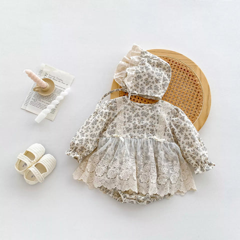 Baby Girl Floral Bodysuit Dress with Bonnet