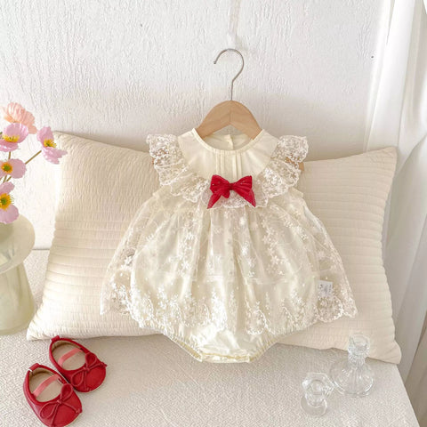 Baby Girl Romantic Lace Sheer Red Bow Dress