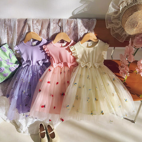 Girls Mesh Skirt Flower Ruffle Sleeve Dress
