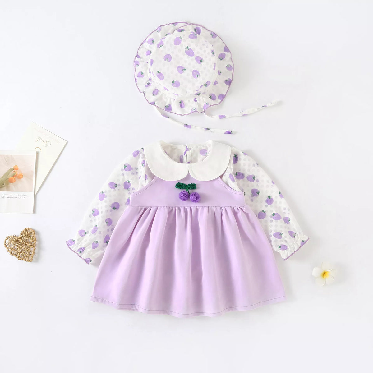 3 Pc Baby Girl Berries Overall Dress w/ Hat