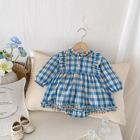 Baby Girl Blue Gingham Plaid Country Style Dress