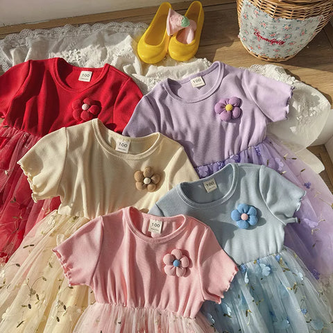 Girls Mesh Skirt Flower Tee Shirt Dress