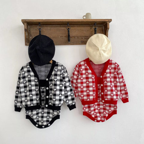 2 Pc Baby Girl Hearts Blocks Knit Cardigan & Bodysuit Set