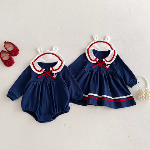 Baby Girls Bunny Ear Collar Color Block Ribbon Dress